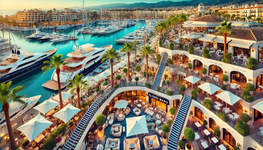 A vibrant and luxurious view of Puerto Banús in Marbella, Spain. The image showcases the marina filled with luxury yachts, upscale boutiques, elegant